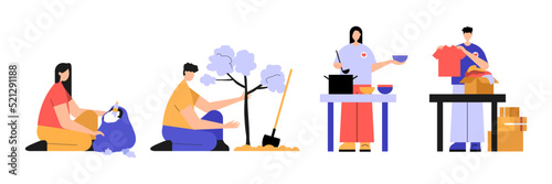 Vector illustration of beautiful volunteers. Cartoon scene with men and women who clean the streets, plant trees, cook food and donate clothes.