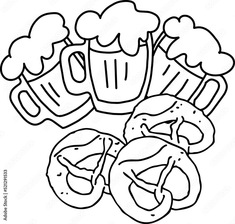 Beer and brezel for Octoberfest decoration, invitation, celebration, print, poster, menu. Food and drink. Autumn festival from Germany, Munich. Hand drawn illustration. Cartoon style vector drawing. Beer and brezel for Octoberfest decoration, invitation, celebration, print, poster, menu. Food and drink. Autumn festival from Germany, Munich. Hand drawn illustration. Cartoon style vector drawing.