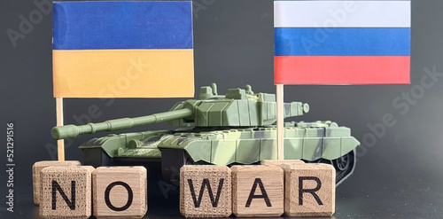 Ukrainian flag and Russian flag with a tank and inscription no war