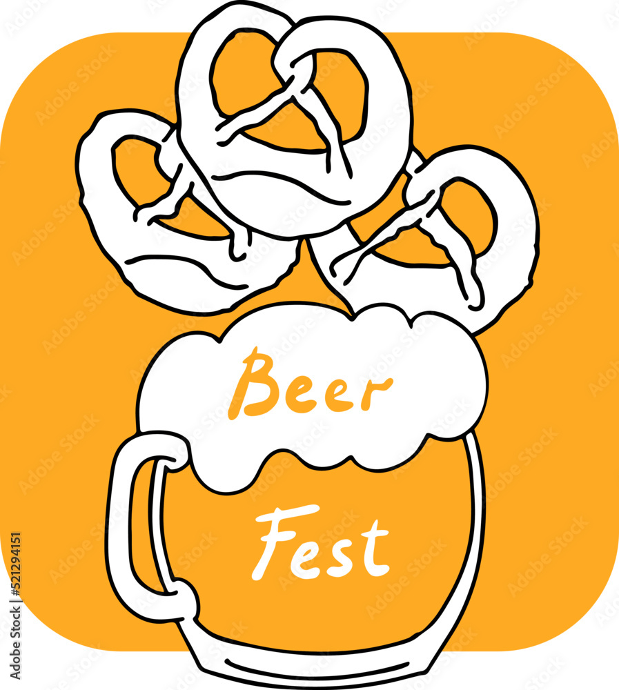 Beer and brezel for Octoberfest decoration, invitation, celebration, print, poster, menu. Food and drink. Autumn festival from Germany, Munich. Hand drawn illustration. Cartoon style vector drawing. Beer and brezel for Octoberfest decoration, invitation, celebration, print, poster, menu. Food and drink. Autumn festival from Germany, Munich. Hand drawn illustration. Cartoon style vector drawing.