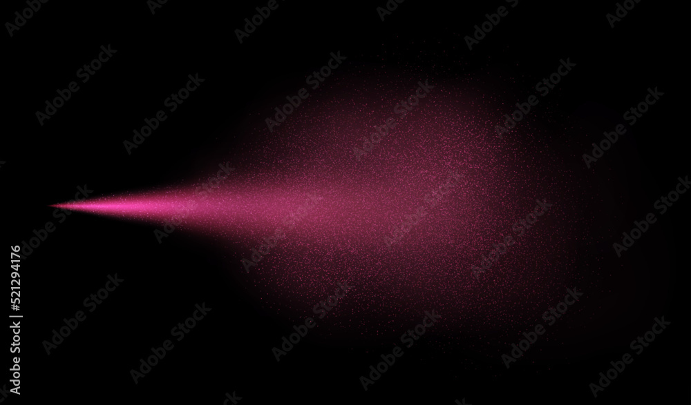 Pink spray mist with glitter particles, fashion shimmer freshener with haze isolated on a dark background. Realistic vector effect. Luxury scent template.