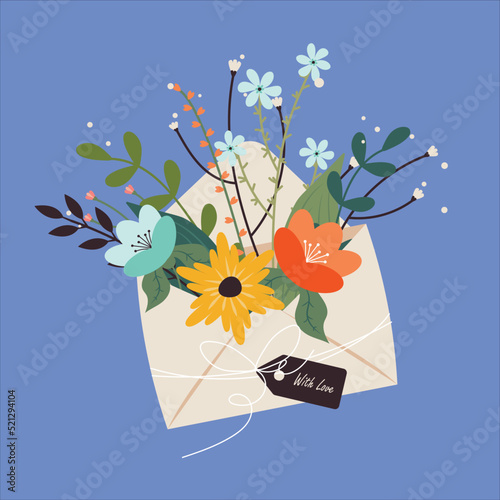Envelope with flowers, holiday greetings, declaration of love