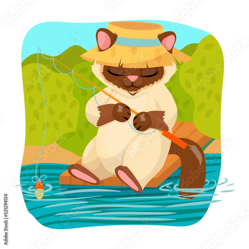 Siamese cat catches fish. The animal fell asleep on the fisherman. Spring entertainment. Pet. Kitten. Vector illustration.