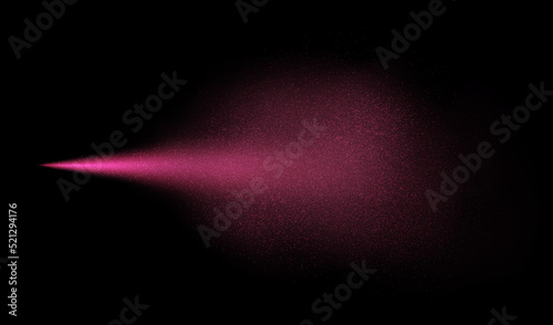 Pink spray mist with glitter particles, fashion shimmer freshener with haze isolated on a dark background. Realistic vector effect. Luxury scent template.