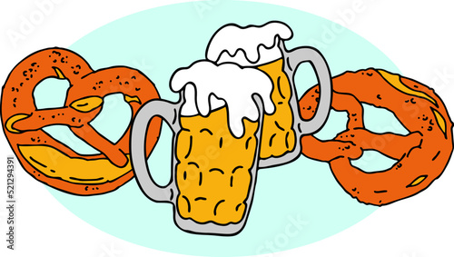 Beer and brezel for Octoberfest decoration, invitation, celebration, print, poster, menu. Food and drink. Autumn festival from Germany, Munich. Hand drawn illustration. Cartoon style vector drawing.
