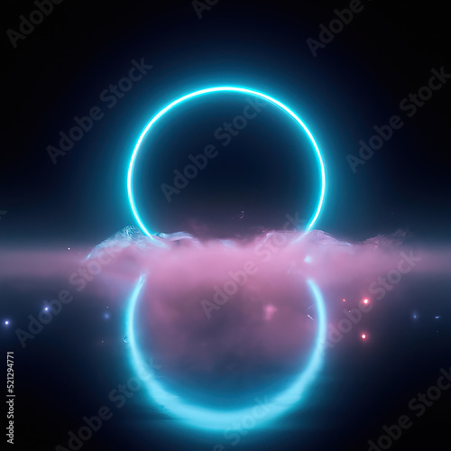 3D Render Neon Ring, Neon Light, Portal, Alien, Fog, Laser Ring, Energy, Pink, Purple Light, Blue, Futuristic, Abstract, Concept