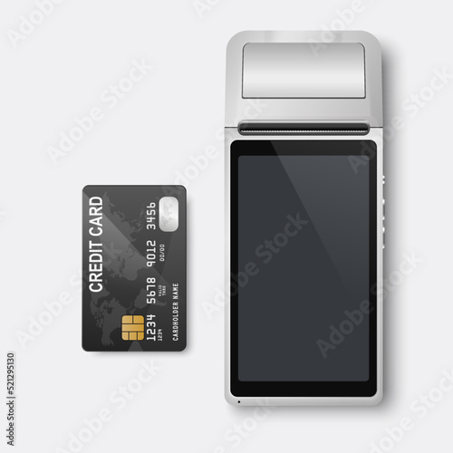 Vector 3d Black NFC Payment Machine and Credit Card. Wi-fi, Wireless Payment. POS Terminal, Machine Design Template of Bank Payment Contactless Terminal, Mockup. Top VIew