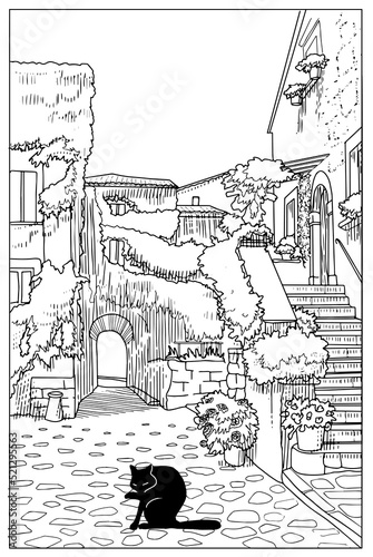 Coloring book . Lovely cozy old street with cat. Vector art line background.