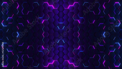 3D Hexagon Neon Purple Lights Background