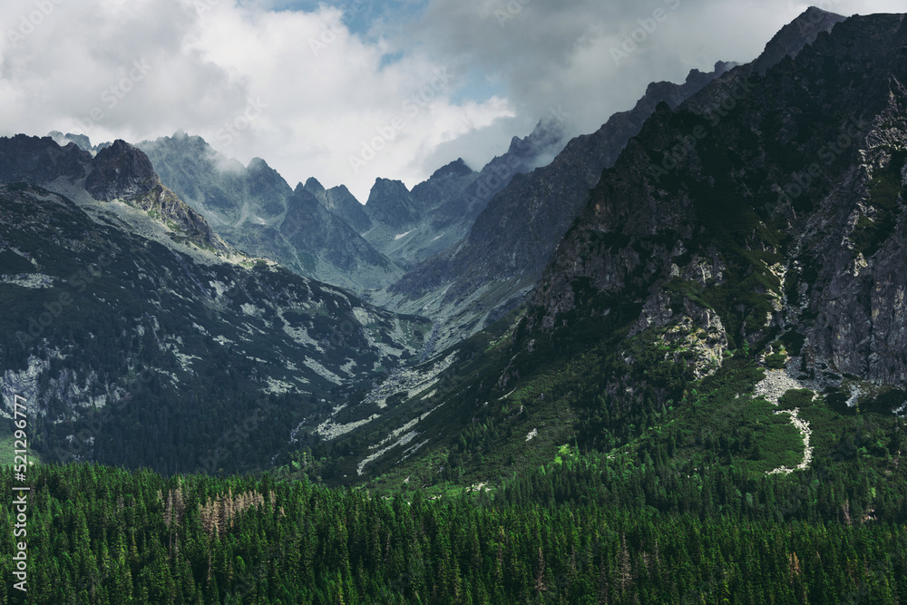 Amazing view of mountains in High Tatras National Park. Slovakia. Europe. Mountain hiking. Concept of travel lifestyle, harmony with nature. Nature background.