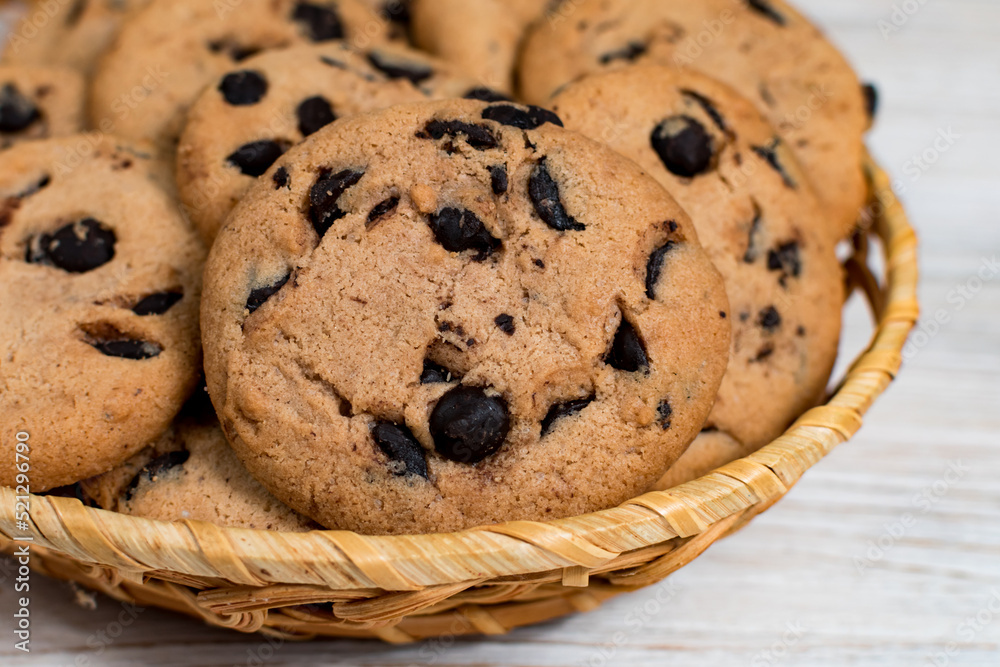 Chocolate chip cookies in a basket. Close-up.