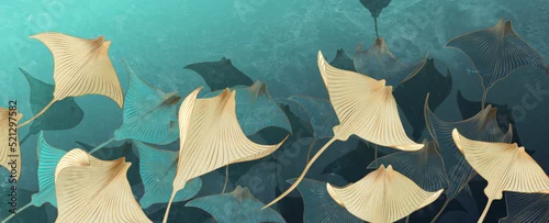 Fototapeta samoprzylepna Watercolor ocean art background with stingray fish in line style. Animal hand drawn vector banner for wallpaper design, print, decor. textiles.