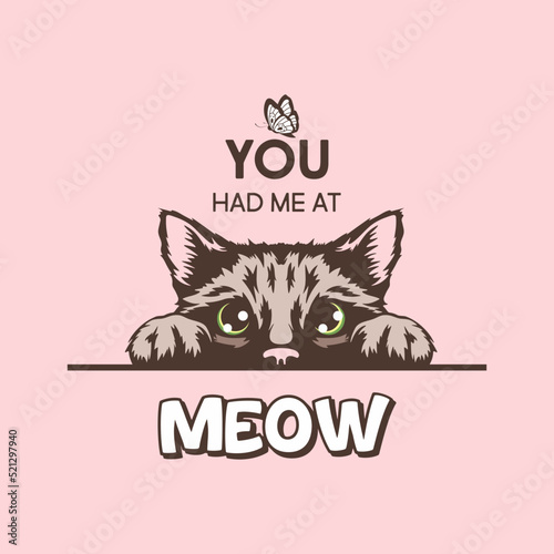 You Had Me At Meow. Vector Poster with Cat Quote and Hand Drawn Black and White Hiding Peeking Cute Kitten on Pink Background. Funny Kitten is Peeking and Looking at the Butterfly