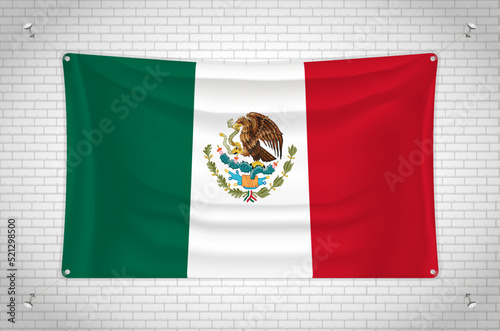 Mexico flag hanging on brick wall. 3D drawing. Flag attached to the wall. Neatly drawing in groups on separate layers for easy editing.