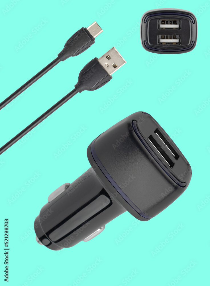 power adapter for the phone from the cigarette lighter, on a blue background power adapter for the phone from the cigarette lighter, on a blue background