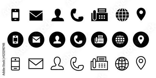 Business card icons. Contacts icons. Phone, user, envelope, address, fax machine. Website icons. Black vector icons isolated on white background. Vector clipart.	 photo