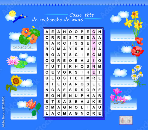 LEARN FRENCH. Word search puzzle. Logic game with flowers for study French. Find the words and write the letters. Printable worksheet for kids school textbook. Page for brain teaser book.