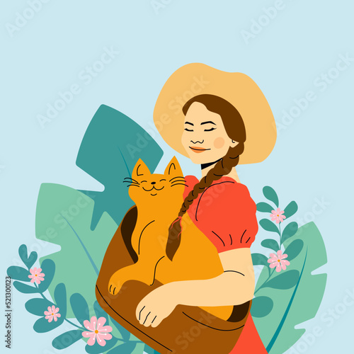 Happy Young girl with a red cat in her hands and tropical leaves isolated on blue background. Cute and funny cat doodle vector. International cat (pet)  day 