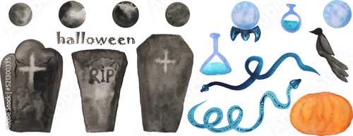 watercolor set of halloween pumpkin, potions, full moon, tombstones crystal ball, raven and snakes hand drawn vector drawing