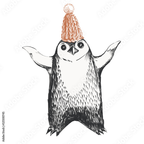 Cute little penguin in a knitted hat. Vector illustration. Hand drawn sketch on white.