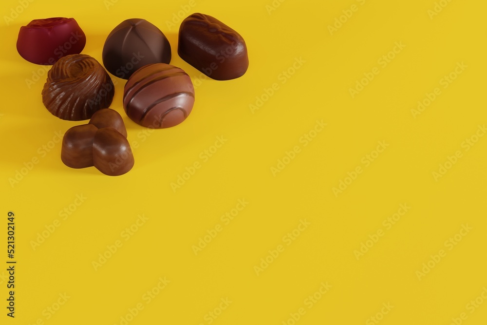 Various chocolate pralines on a yellow background. Concept of making chocolate, eating pralines. 3D render, 3D illustration.