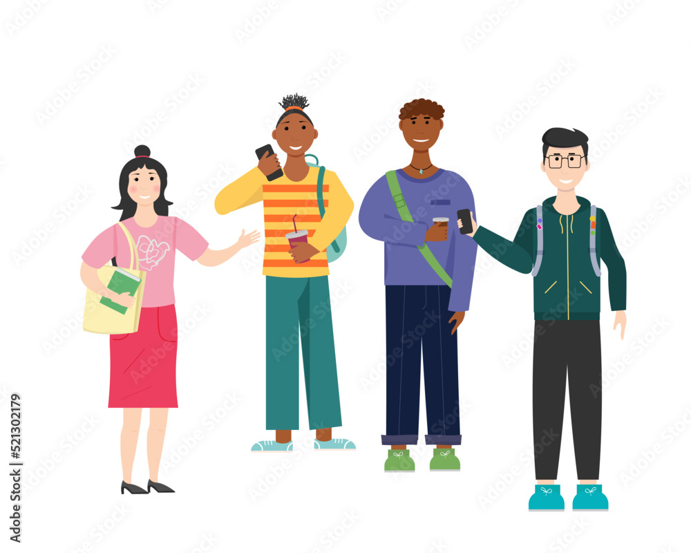 Characters of students on a white background. Vector illustration. Students go to school and talk. For flyers, covers and brochures, packaging and advertising. Characters of students on a white background. Vector illustration. Students go to school and talk. For flyers, covers and brochures, packaging and advertising.