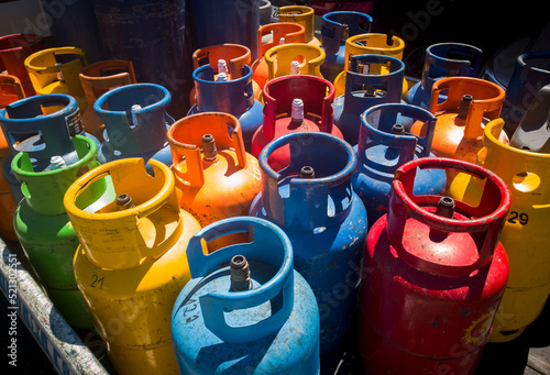 Liquefied petroleum gas LPG cylinders colorfully painted 