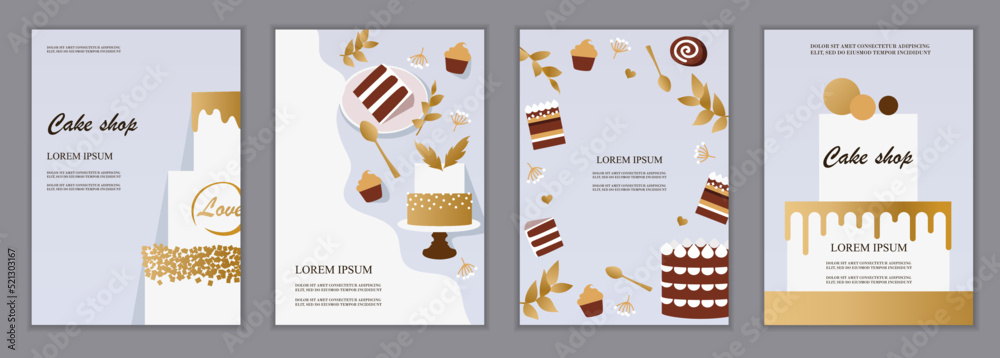 Set of banner templates for confectionery, bakery, business. Cakes and pastries. Wedding cake design. Vector flat illustration. A4. EPS 10.