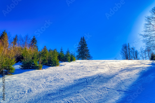 View over landscape covered with snow during sunny winter day.