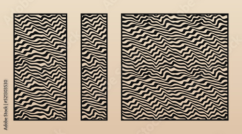 Laser cut panel set. Vector stencil with abstract geometric pattern, organic wavy lines, curves, stripes. Modern swatch for laser cutting of wood, metal, acrylic panel. Aspect ratio 1:2, 1:4, 1:1