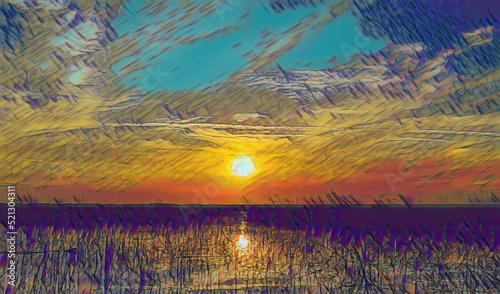 Created mixed media of a painted image of Lake Okeechobee in Florida, USA.  The image was taken on a winter day as the sun was setting.