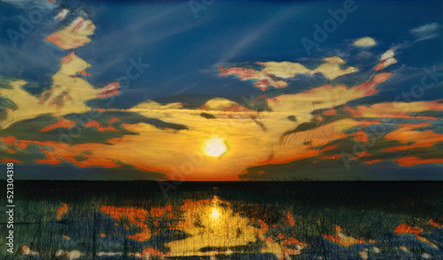 Created mixed media of a painted image of Lake Okeechobee in Florida, USA.  The image was taken on a winter day as the sun was setting.