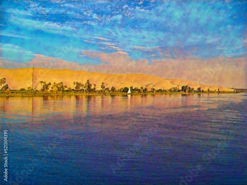 Along the Nile River in Egypt, with blue water, blue sky, and the bright white sail of a small boat. With a thin strip of greenery and dunes behind the line of green.