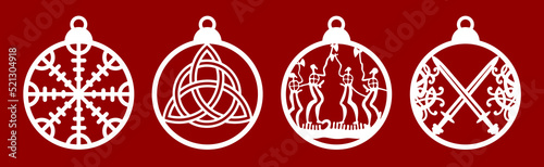 Christmas balls set with ancient viking magic symbols. Helmet of Horror and petroglyphs. Hanging decoration template for Yule celebration, New Year party invitations. Suitable for laser, plotter cutti