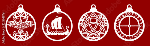 Christmas balls set with ancient viking magic symbols. Drakkar and Runes. Hanging decoration template for Yule celebration, New Year party invitations. Suitable for laser, plotter cutting or printing.
