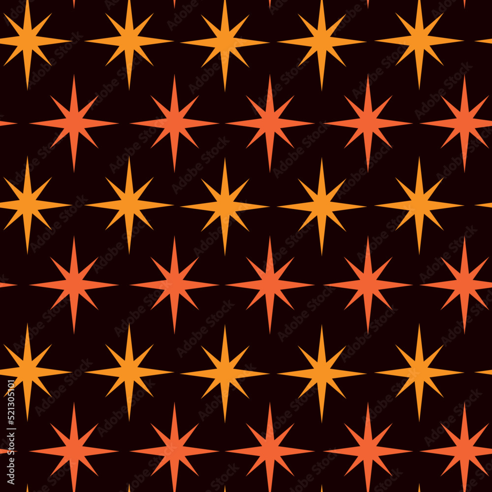 Mid century Modern Atomic starburst in orange and amber orange over dark background .For textile, wallpaper, home décor and fabric 