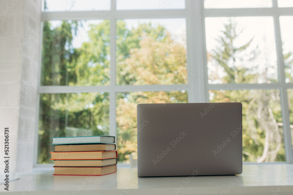 Fototapeta premium Close up of books and laptop on table at home. Student's place of study. Place for your text