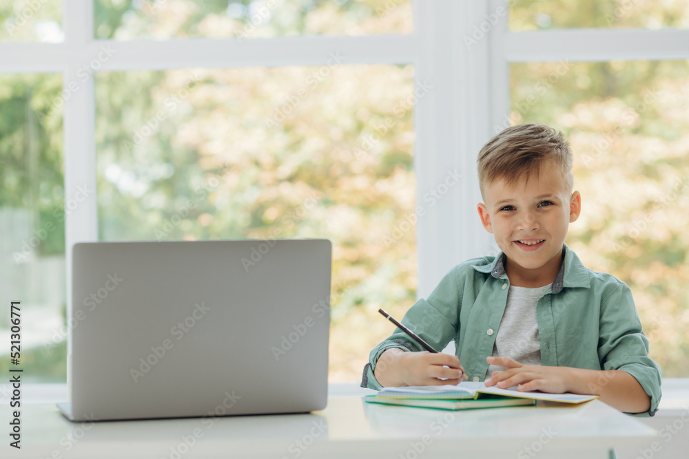 Schoolboy works with laptop while doing homework at home. Place for your text Schoolboy works with laptop while doing homework at home. Place for your text