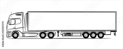 Semi trailer truck abstract silhouette on white background.  A hand drawn line art of a trailer truck car. Vector illustration view from side.
