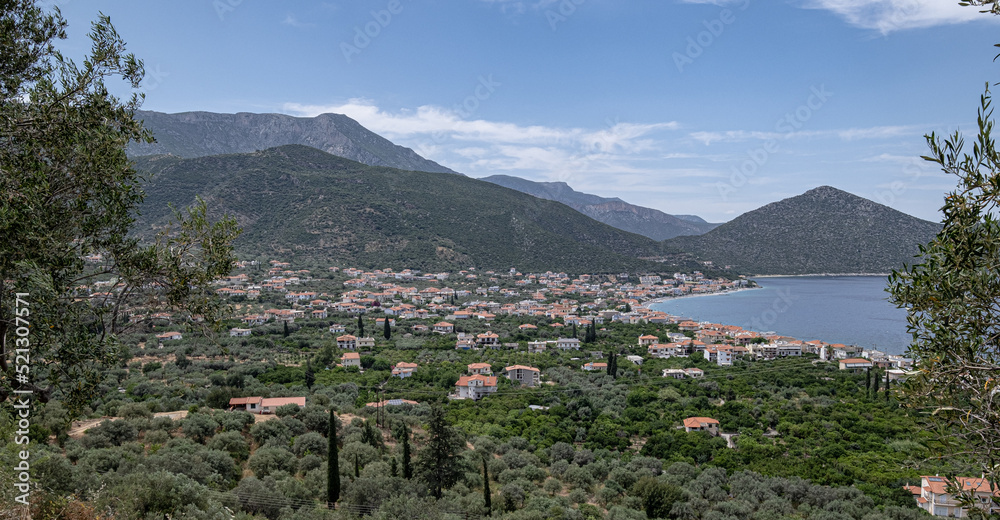 Paralia Tyrou (Tyros), an attractive resort town, located under Parnon mountain and by Myrtoan sea, Peloponnese, Greece 