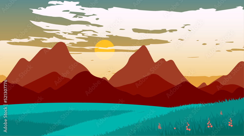 Beautiful landscape with forest, mountains, and sunset in vector format. Trendy illustration for postcards, wallpaper, banners. Panorama view of wild nature. Hand drawn enviroment.