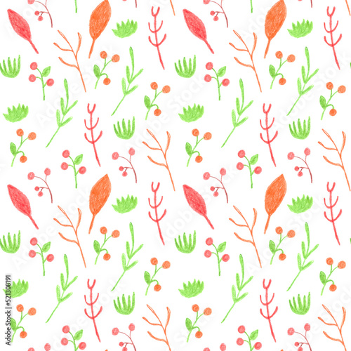 Wallpaper Mural Seamless pattern with forest plants, berries and grass hand drawn with colored pencils in warm autumn colors Torontodigital.ca