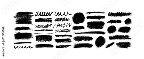 Charcoal bold smears, wide brush stroke shapes. Soft black pencil texture. Hand drawn scribble sketch banners. Charcoal pencil sketch with noise texture. Wide strokes, circles and curly lines.