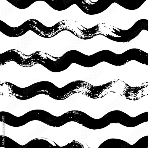 Seamless wavy pattern. Abstract background with horizontal wavy brush strokes. Hand drawn sea water modern vector ornament. Black and white seamless pattern with curved bold brush lines.