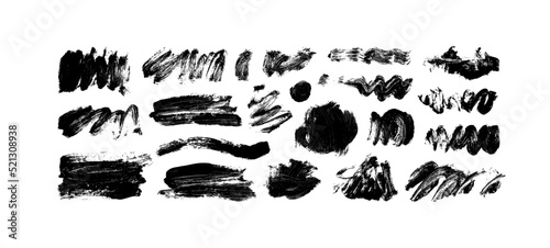Vector grunge brush strokes collection. Dirty distress texture banners. Hand drawn black curved lines and wavy brushstrokes. Calligraphy smears, wide shapes with rough edges. Artistic design elements