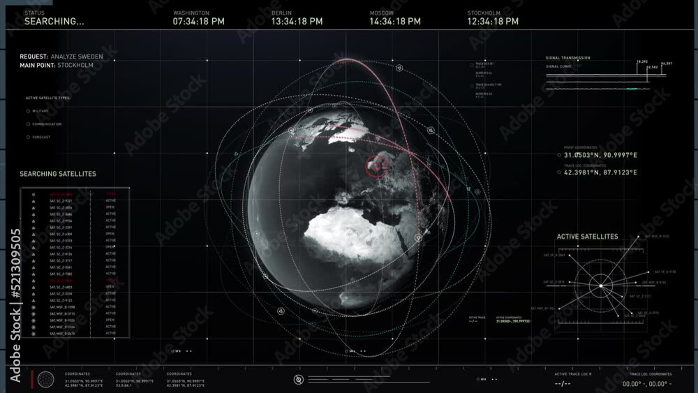 Informations and earth image on screen. Satellite control center ...