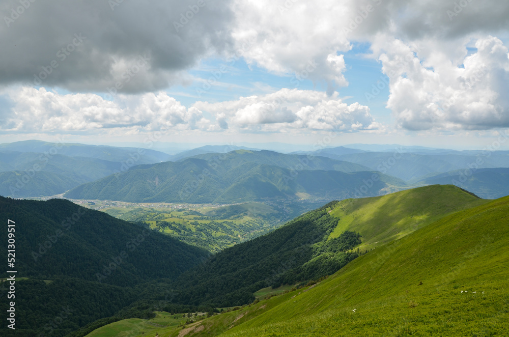 View of the green forest and grassy meadows of the hillside with the mountain village Kolochava in the valley on a cloudy summer day. Carpathian Mountains, Ukraine