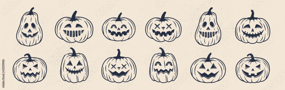 12 Halloween pumpkin icons set. Vintage funny pumpkins isolated on white background. Monsters faces. Design elements for logo, badges, banners, labels, posters. Vector illustration - obrazy, fototapety, plakaty 