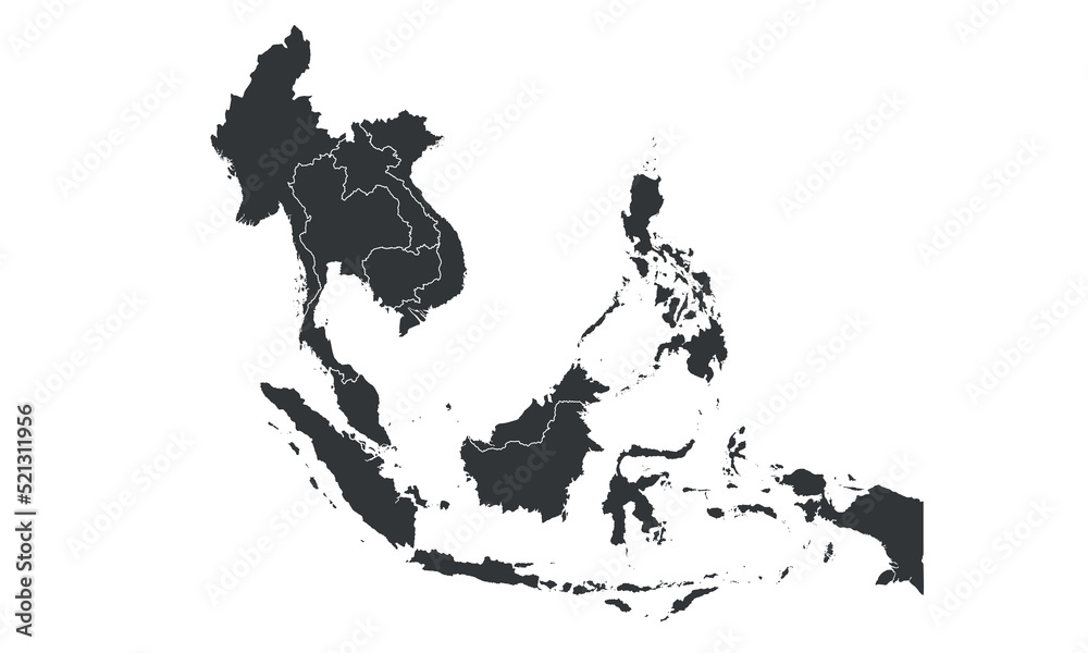 Naklejka premium South East Asia map with regions, countries. Indonesia, Vietnam, Thailand, Philippines, Malaysia maps. Outline South East Asia map isolated on white background. Vector illustration