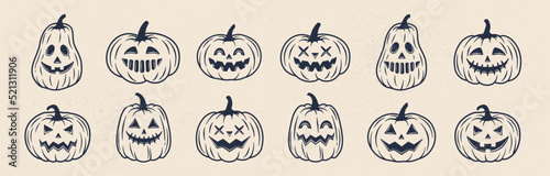 12 Halloween pumpkin icons set. Vintage funny pumpkins isolated on white background. Monsters faces. Design elements for logo, badges, banners, labels, posters. Vector illustration